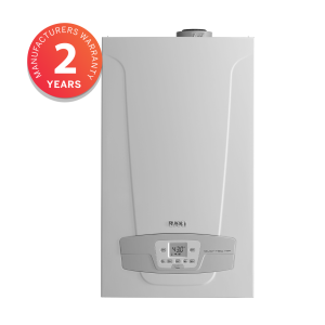 Tall vertical boiler with a digital control panel at the bottom and a red '2 years' warranty badge overlapping the upper left corner